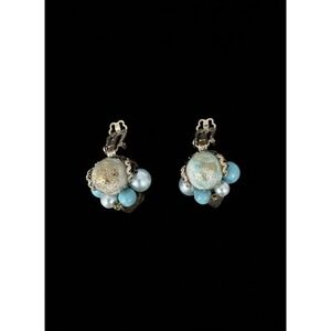Haskell Style Vintage Cluster Clip On Earrings 1950s 70s Blue Faux Pearl Bead